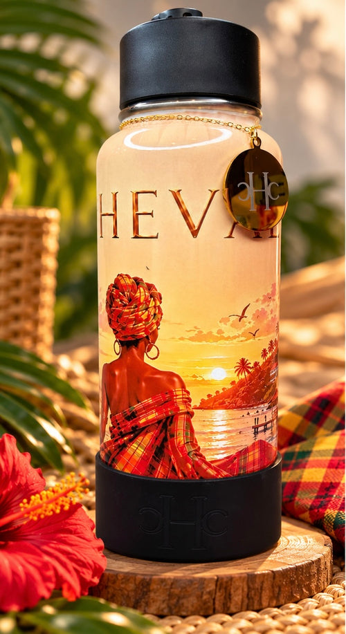 Gourde isotherme HEVAE Madras, ambiance Antilles avec hibiscus et tissu madras